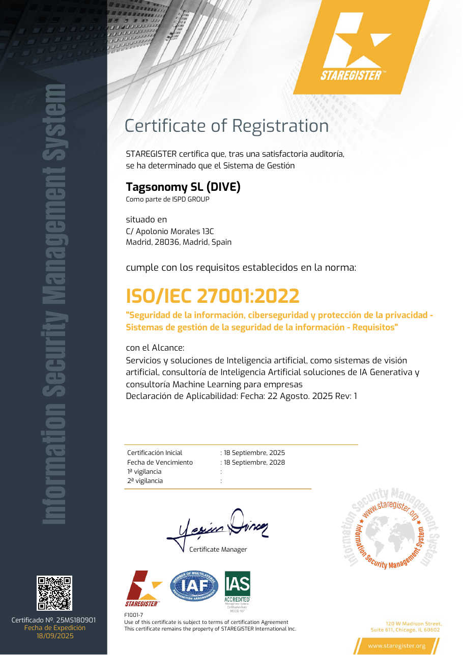 ISO/IEC 27001:2022 certificate for Tagsonomy, S.L. (DIVE)